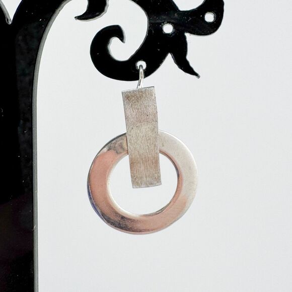 Vintage 925 Silver Modern Hoop Bar Drop Earrings Geometric Brushed Polished - Picture 3 of 6